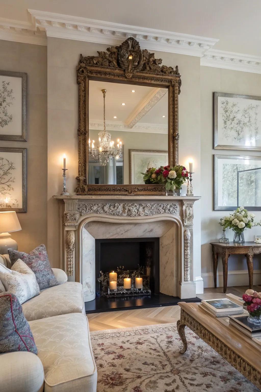 An expansive mirror establishes a stunning center of attention in the family room.