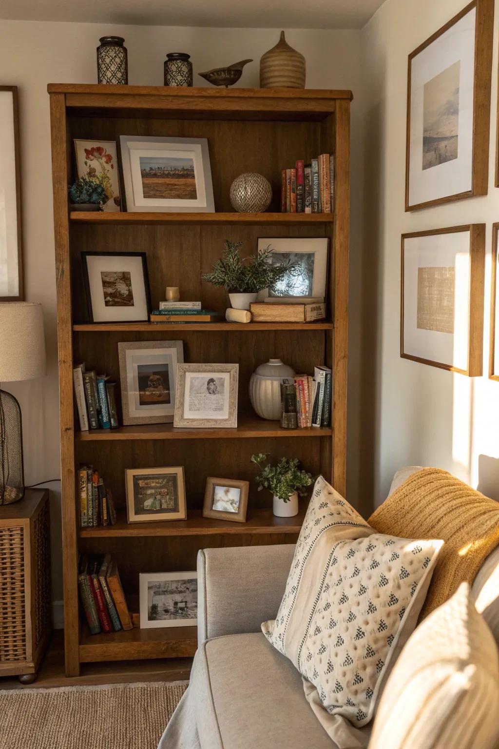 Layered picture holders on racks add dimension and charm to a living space.