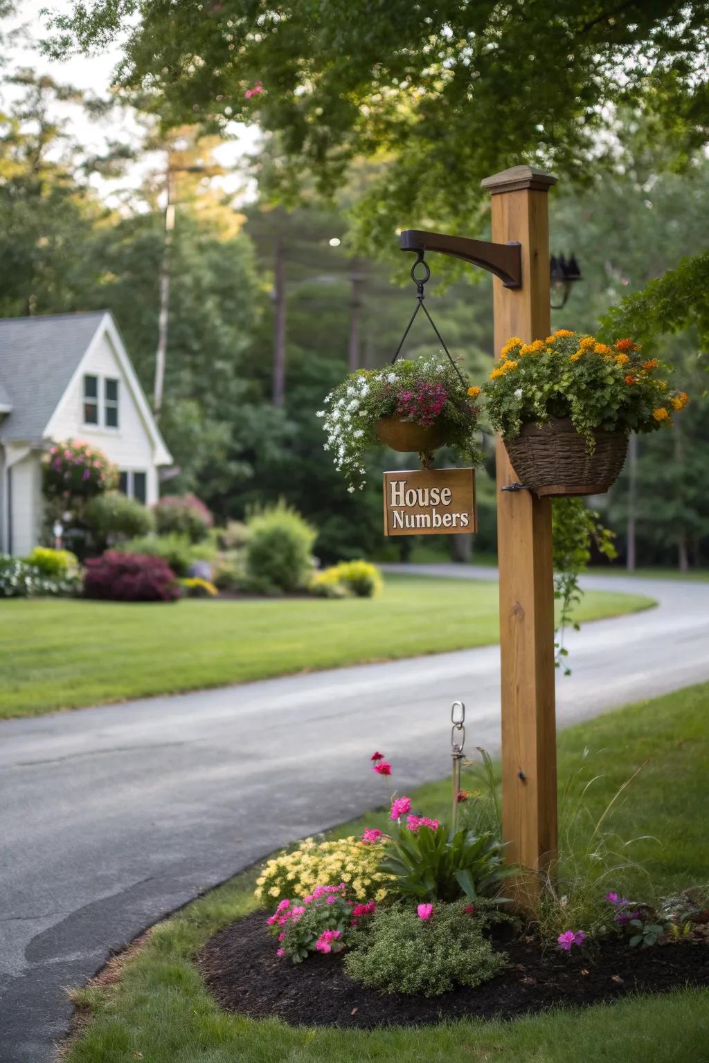 Introduce a splash of color with a hanging basket adorning your driveway marker.