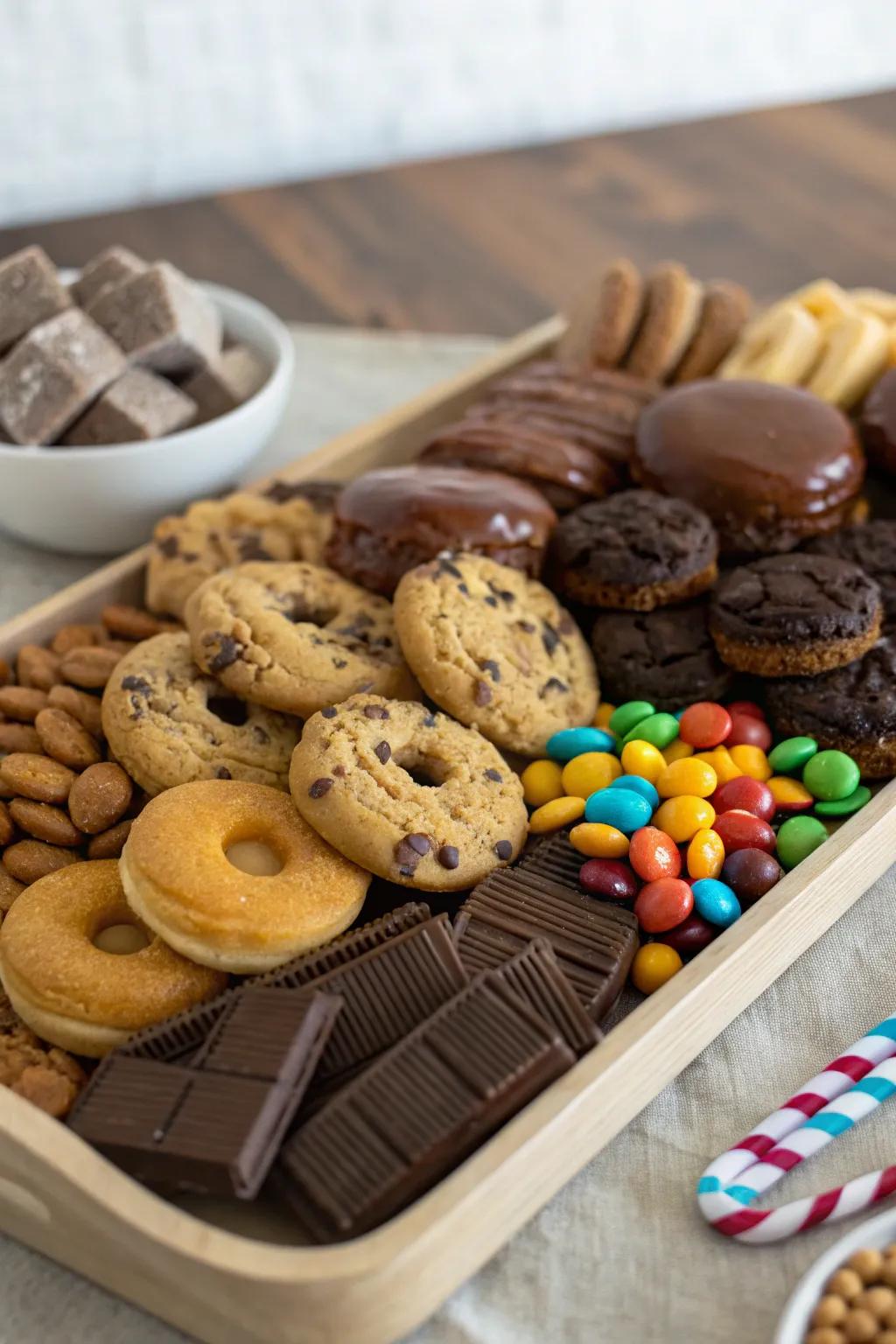 A dessert platter featuring cookies, donuts, and candies in earthy tones.