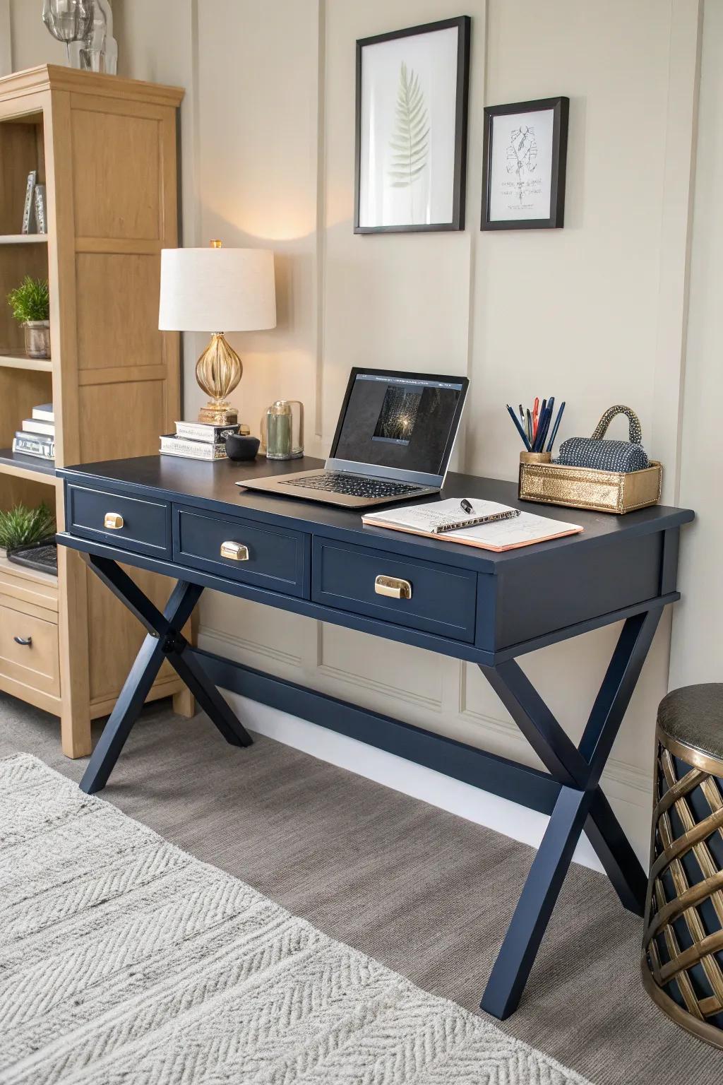 Elegant deep sea brings a modern twist to this home office.