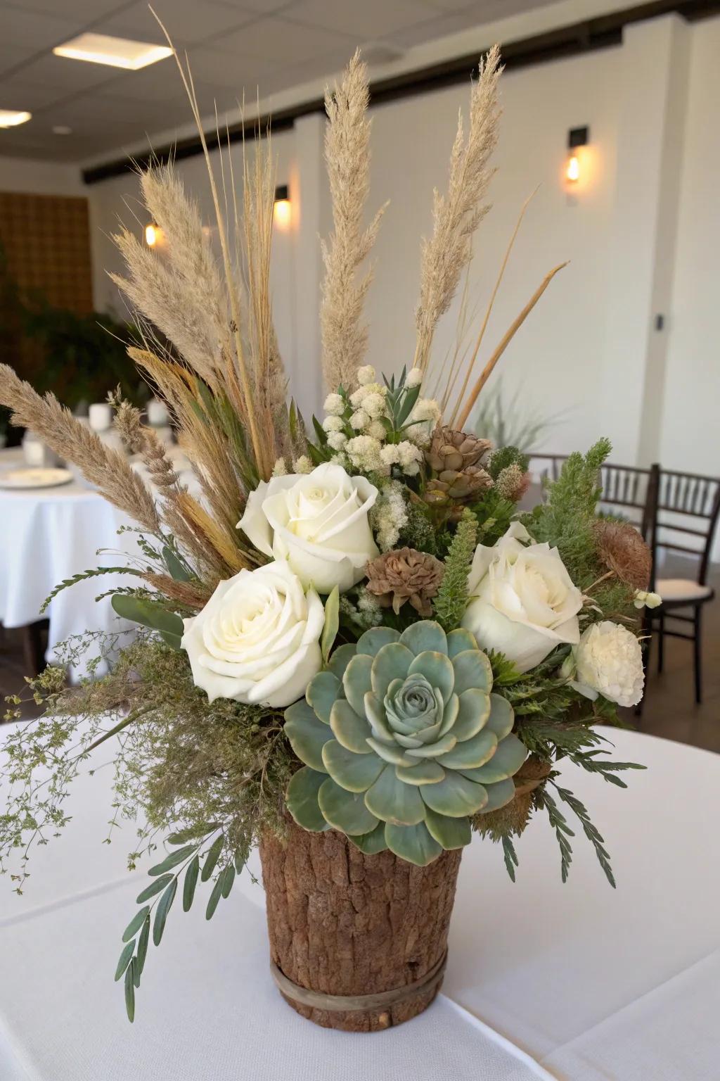 A unique perspective on floral centerpieces enhanced with further texture.