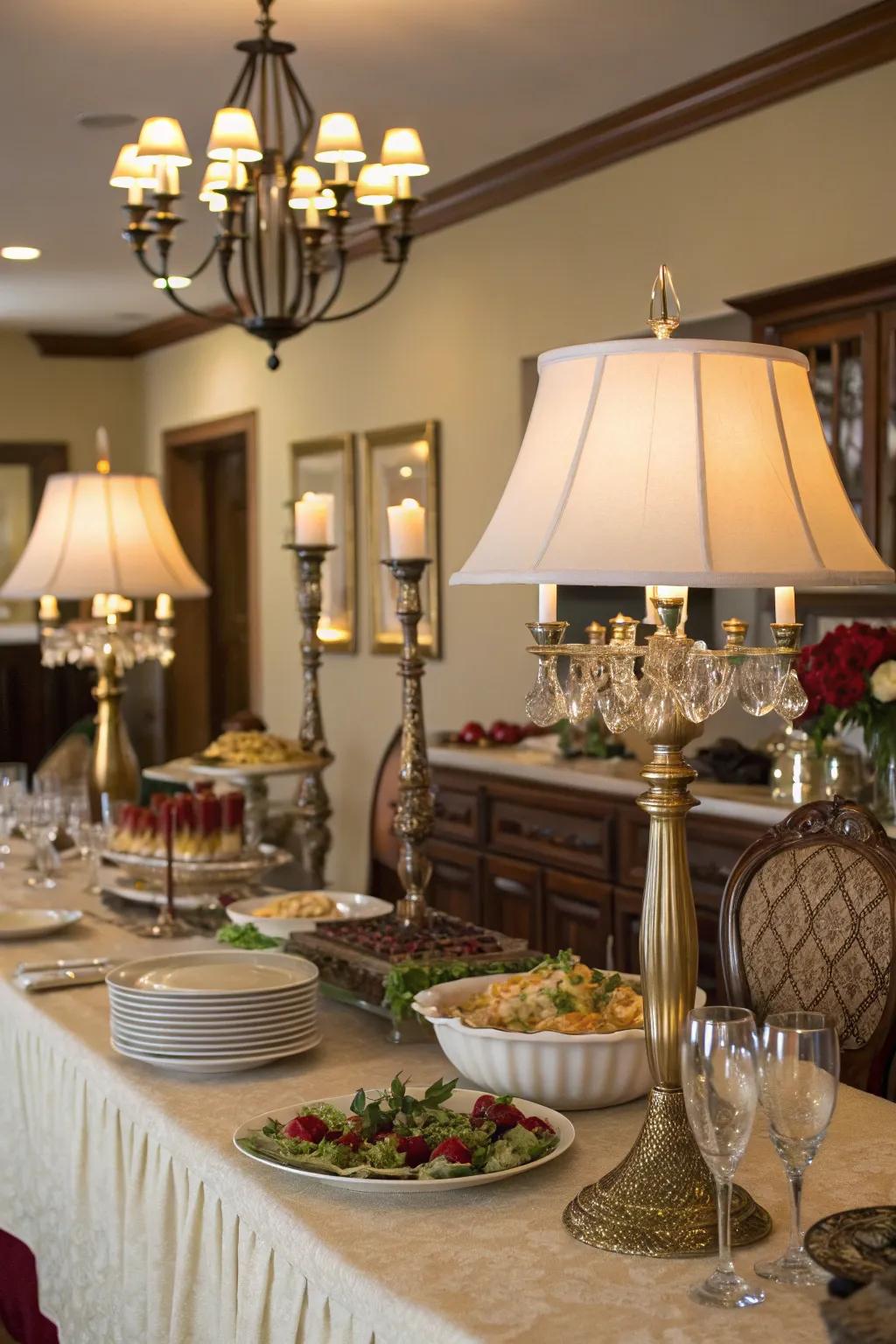 Elegant desk lamps elevate the elegance and warmth of this buffet arrangement.