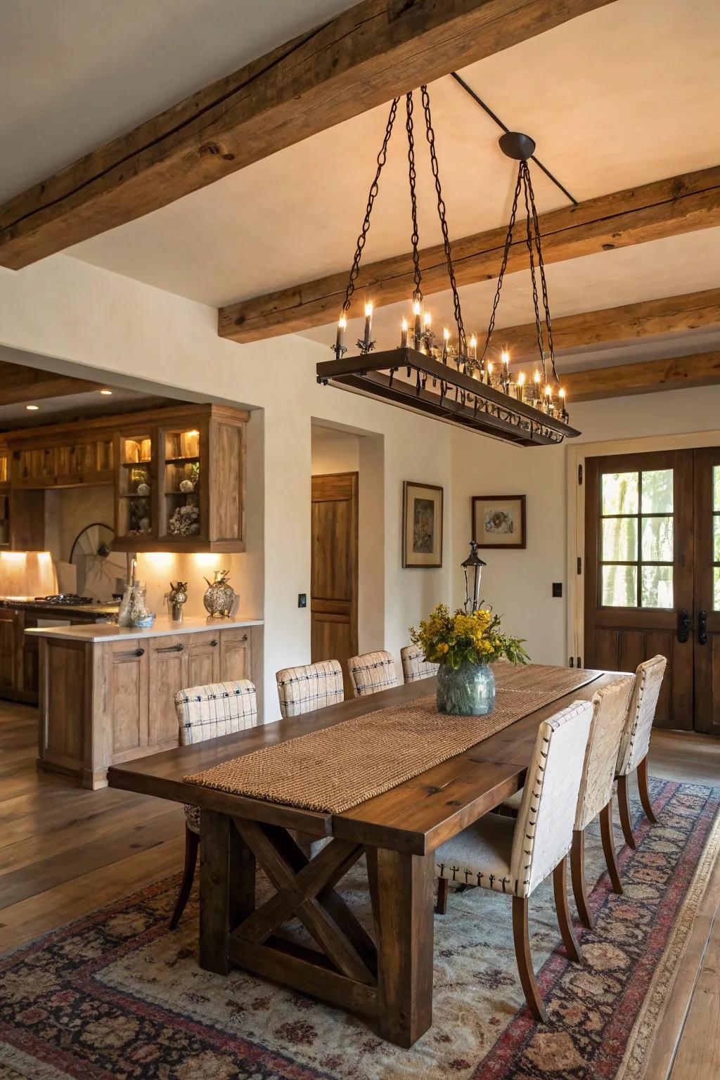 A hint of countryside allure emanates from a wooden beam chandelier.
