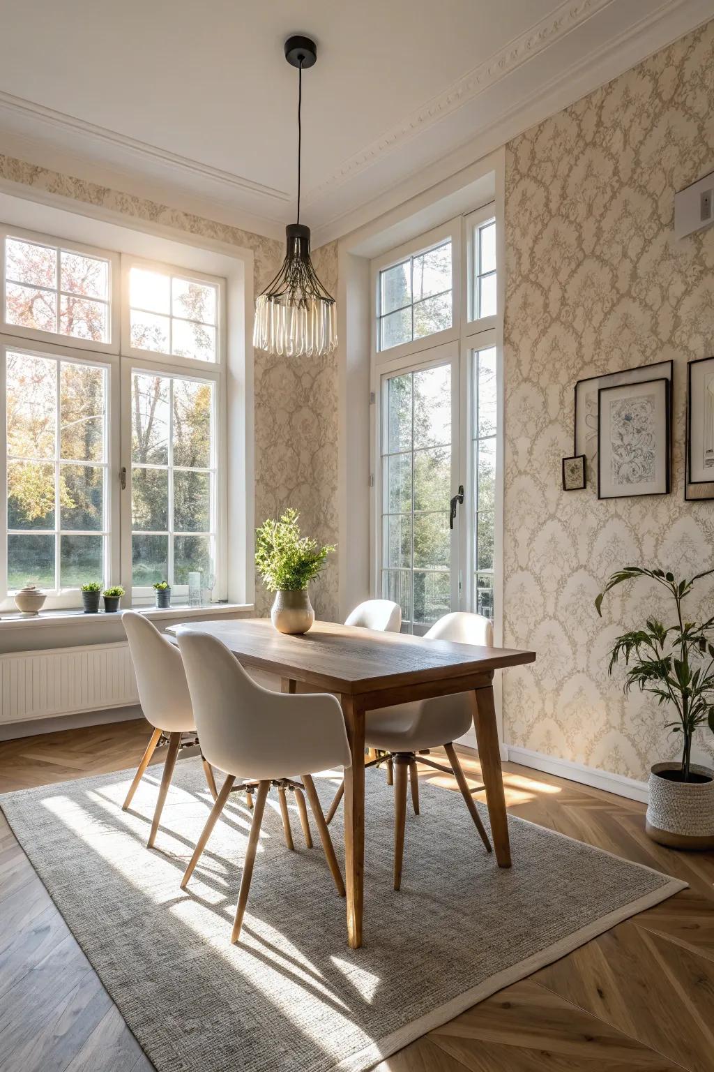 Neutral wall covering enhances the bright and airy atmosphere of the trendy dining area.