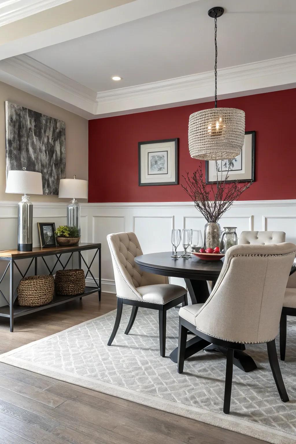 A striking hue beneath the chair rail crafts an impression that is both audacious and contemporary.