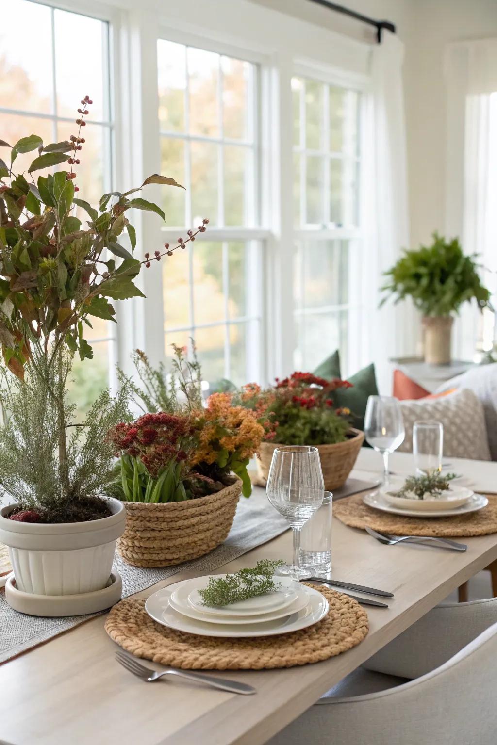 A dining table decorated with indoor plants and seasonal vegetation.
