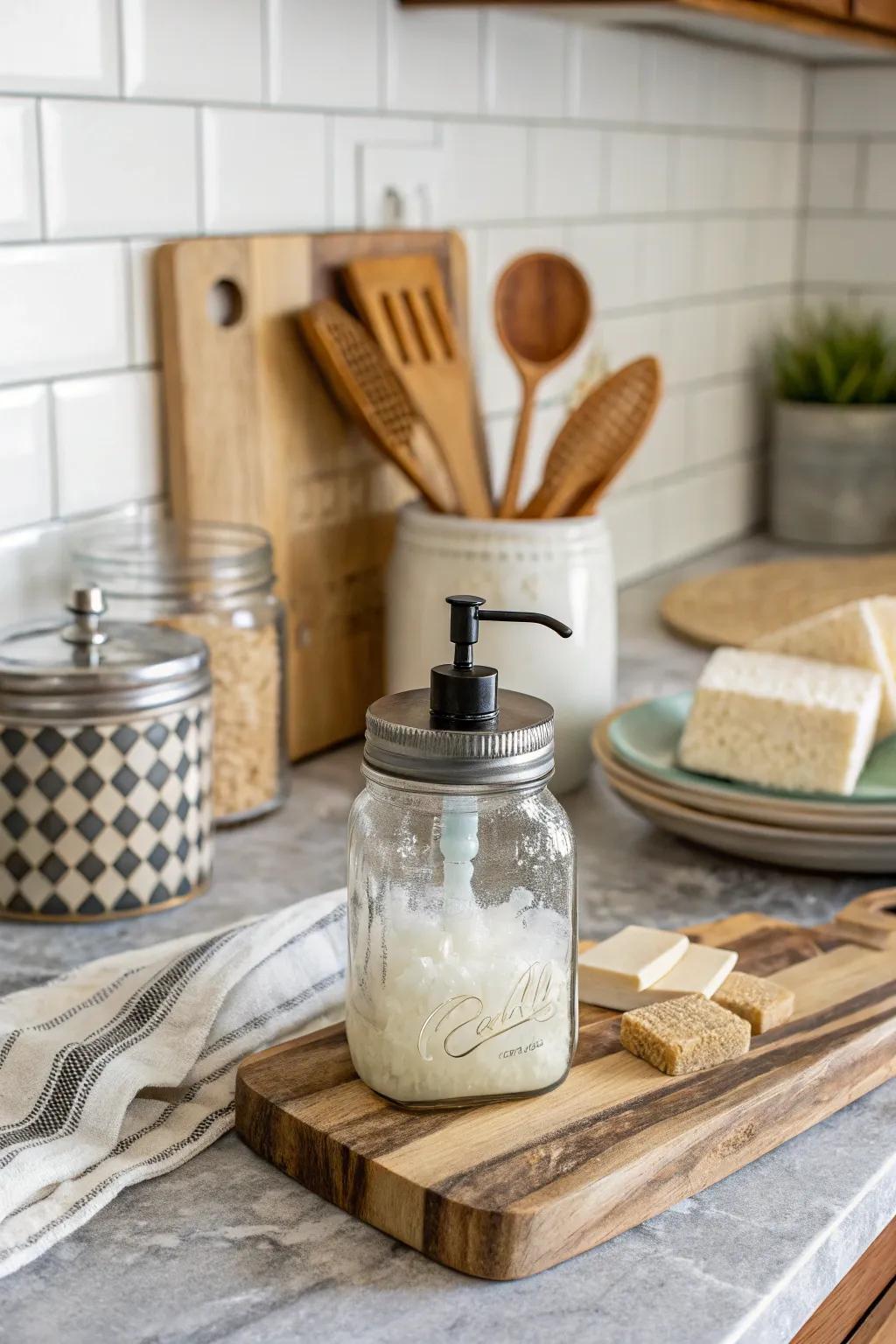 Country-style canner jars contribute vintage charm to any kitchen.