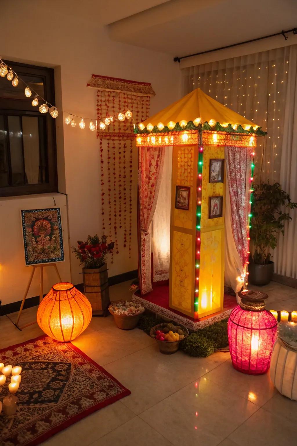 Classic light fixtures projecting a cozy glow in the Diwali photo booth.