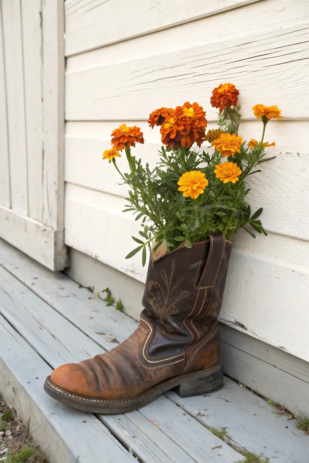 Turn old boots into charming planters! A touch of whimsy and sustainability for your garden.