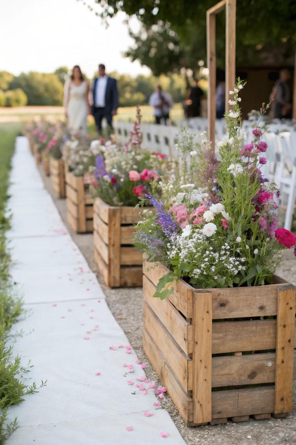 Lumber boxes brimming with blossoms contribute a countryside flair to your processional.