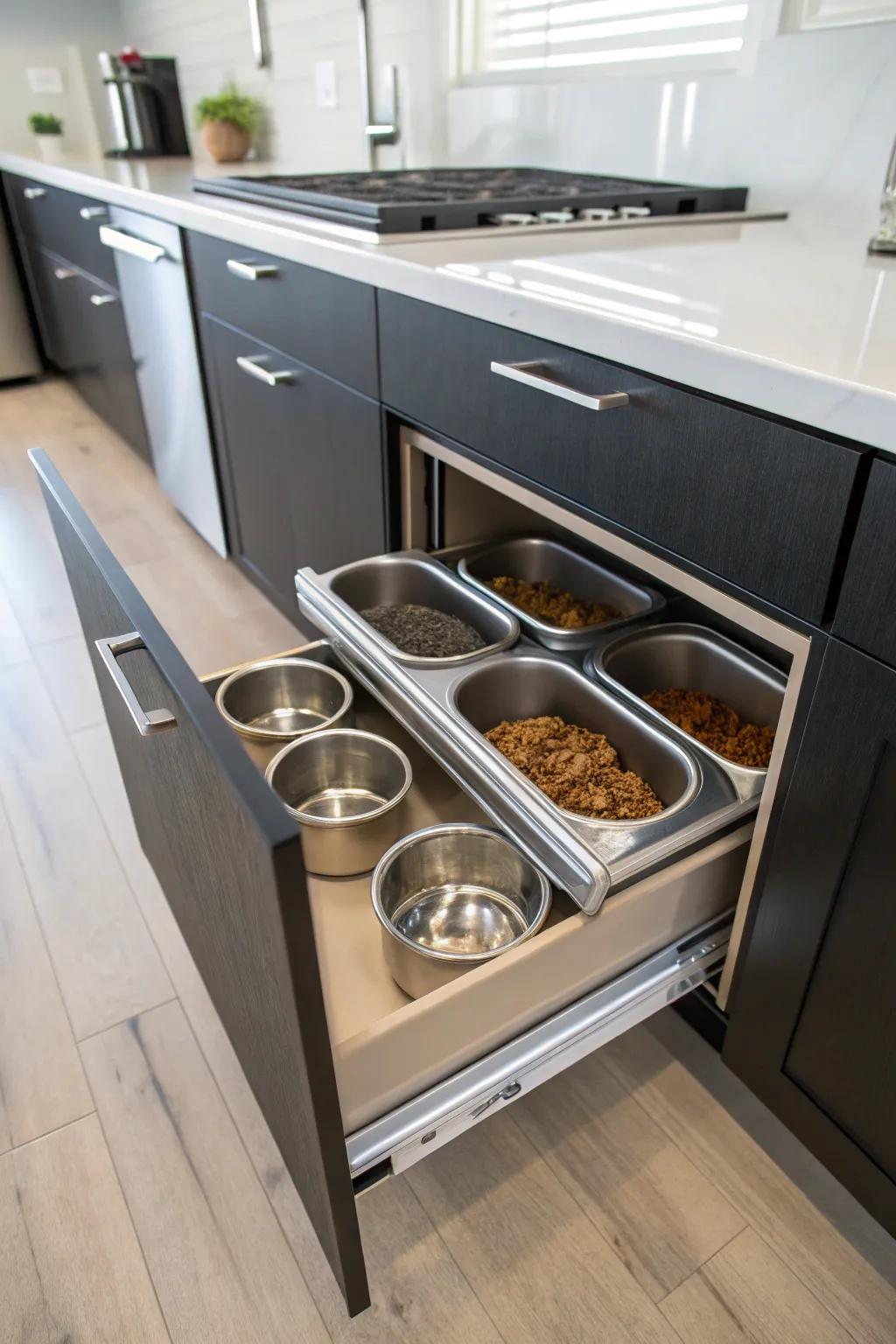 A cooking area cabinet equipped with a slide-out shelf, perfect for unobtrusive canine cuisine storage.