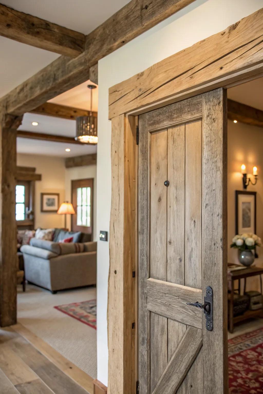 A comfortable farmhouse setting is enhanced by rustic wooden door trim, which adds warmth and charm.