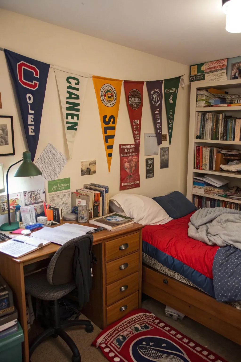 A dorm space decorated with college flags, which promotes school spirit.