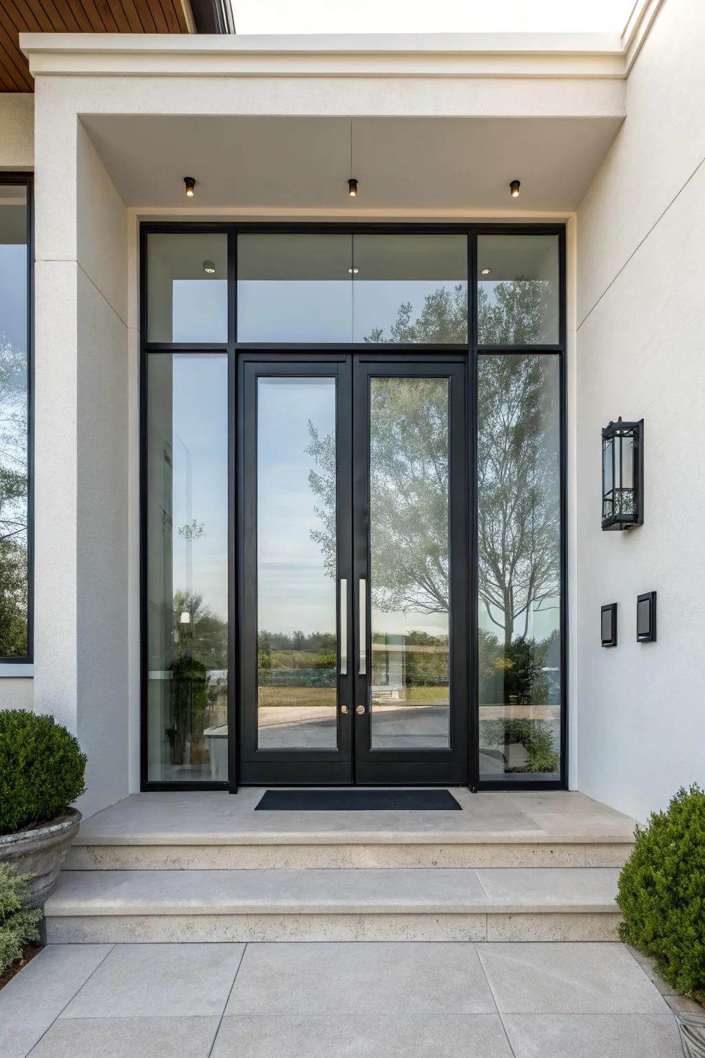 Current glass panel doors that brighten the entryway with natural light.
