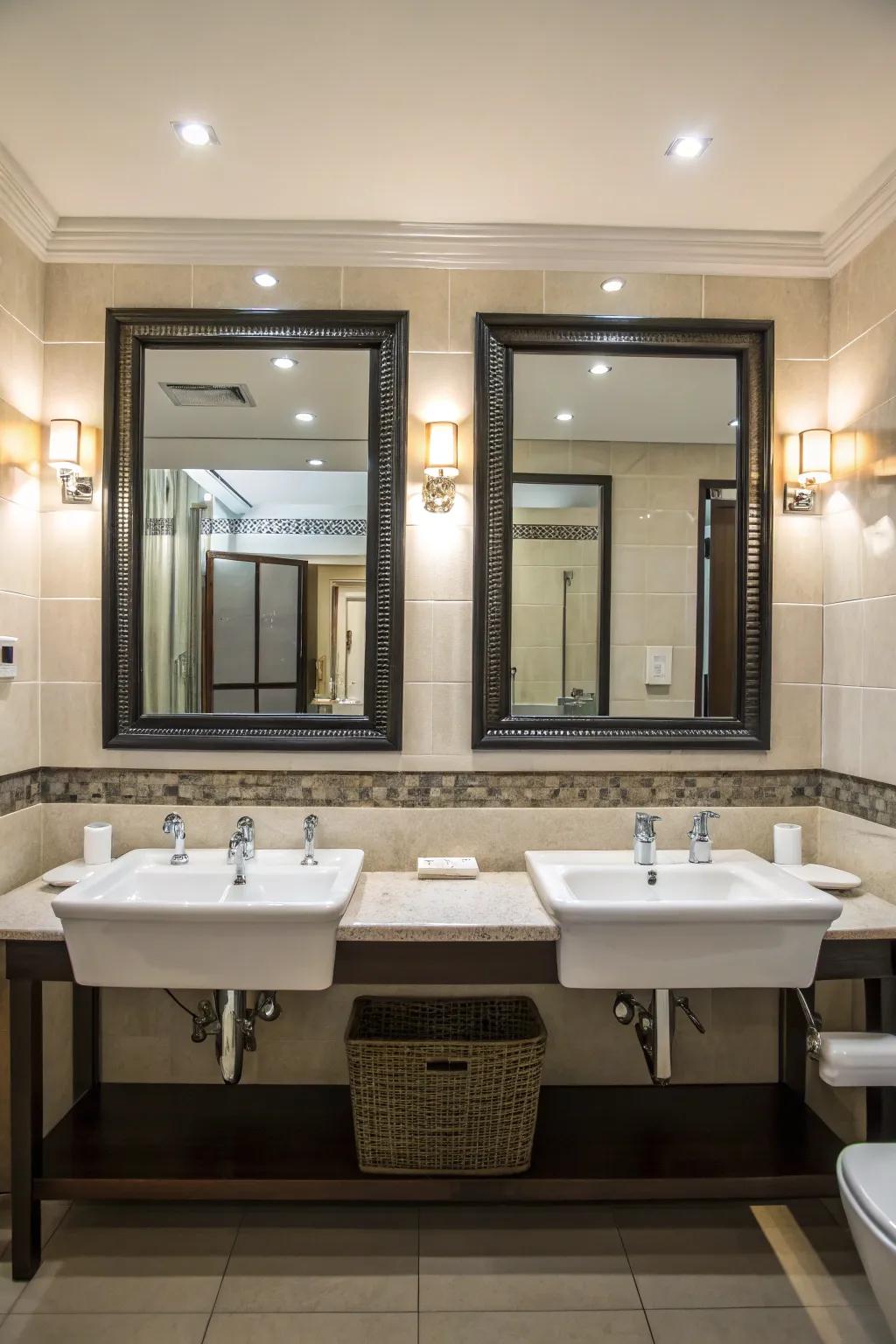 A balanced bathroom design showcasing perfectly aligned double sinks and mirrors.