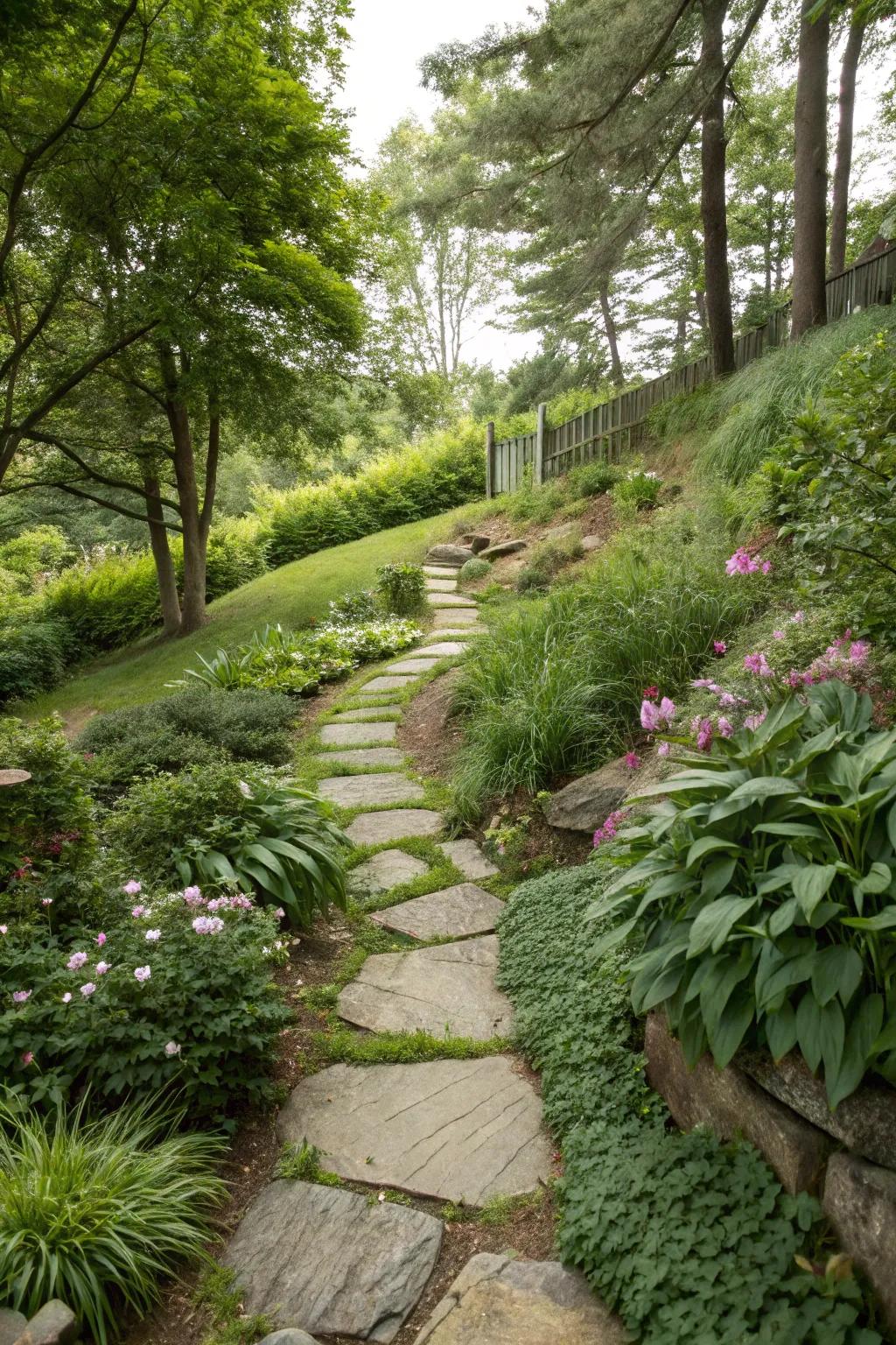 Stone-lined walkways enhance both utility and rustic charm to a sloping garden.
