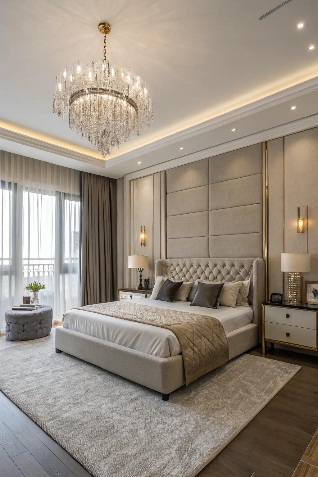 A contemporary bedroom with streamlined furniture and a classy pendant.