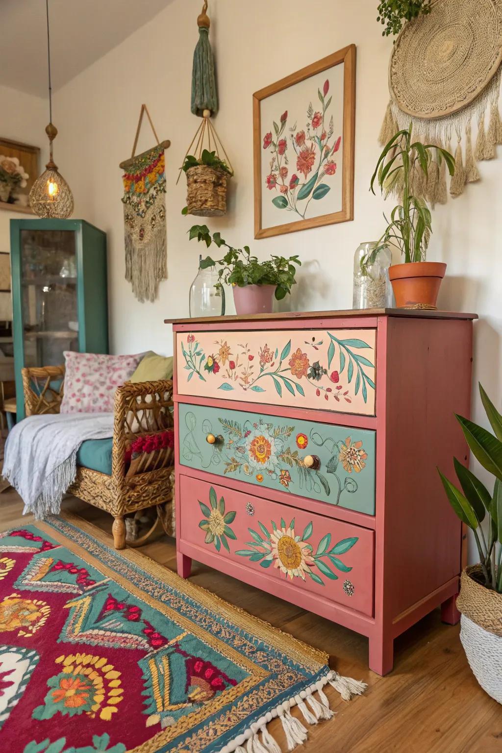 Bring a touch of bohemian flair to your space with a dresser makeover that combines simplicity and vibrant artistry.