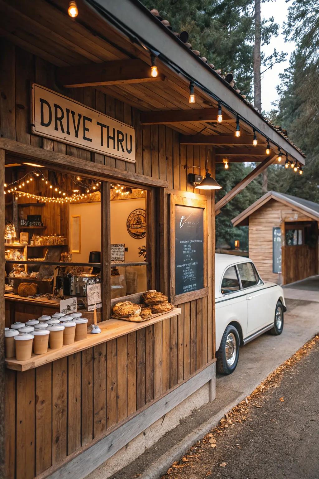 Natural drive-thru coffee shop featuring timber accents and a pleasant atmosphere.