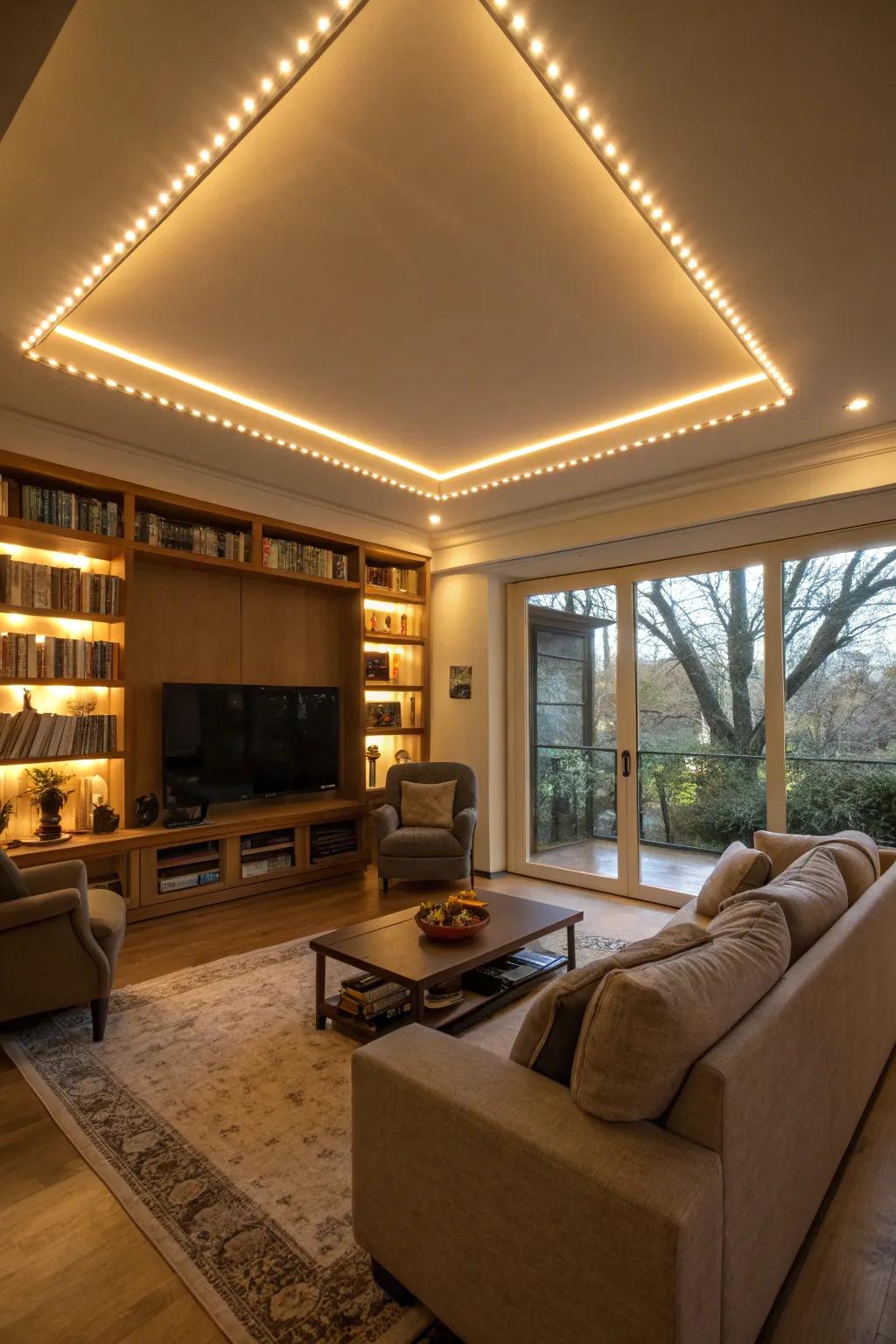 LED ribbons enhance a snug glow around this family room roof.