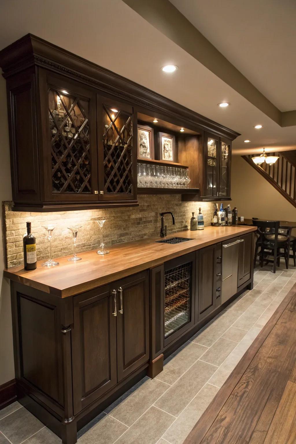 A wooden countertop radiates warmth and sophistication.