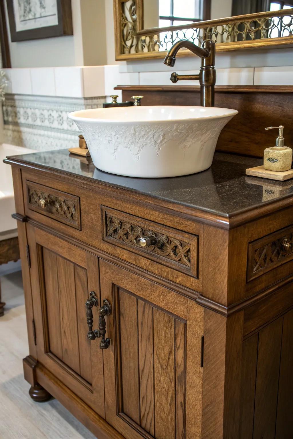 Modern fixtures bring a contemporary feel to a vintage cabinet sink.