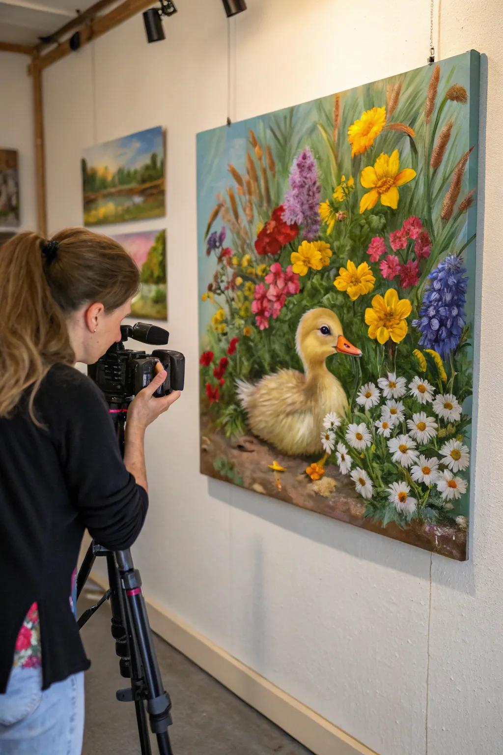 A painting of a young duck among blossoms ushers the essence of spring indoors.