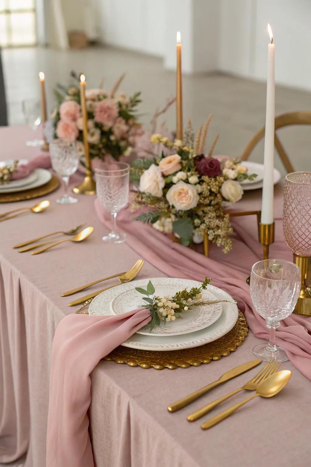 Elegant table layout featuring vintage rose and gilded details.