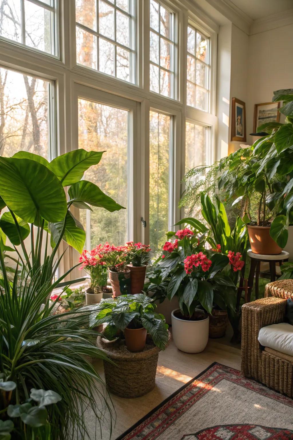Area brimming with indoor flora and copious sunlight.