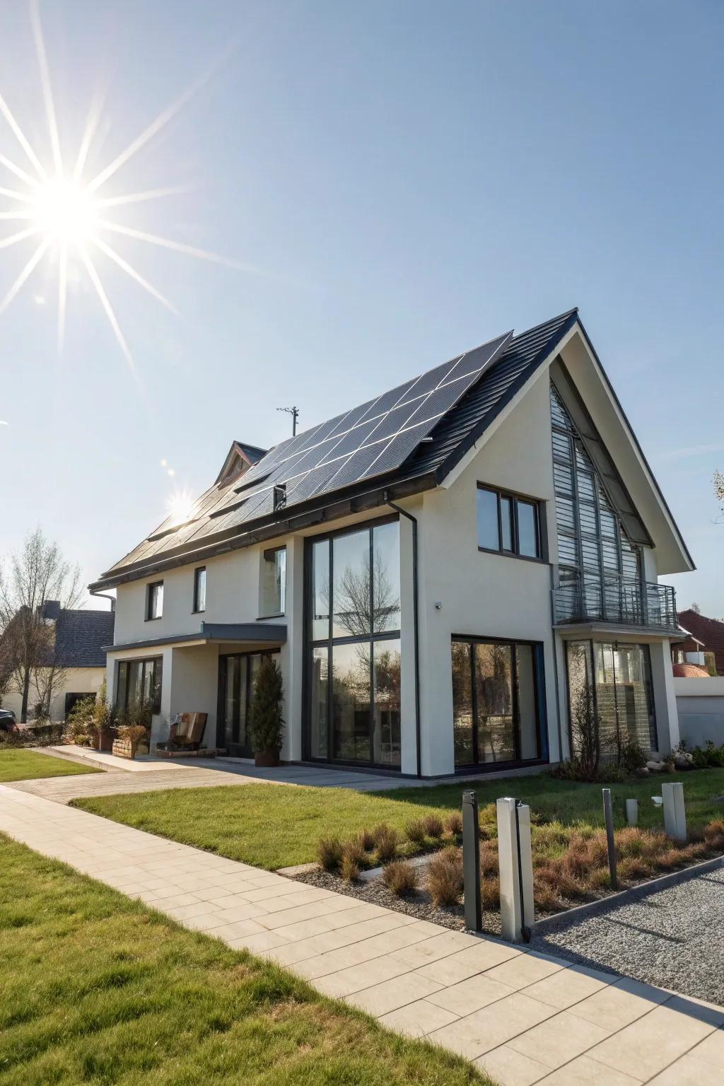 A modern home fitted with solar panels, soaking in the sun's rays.