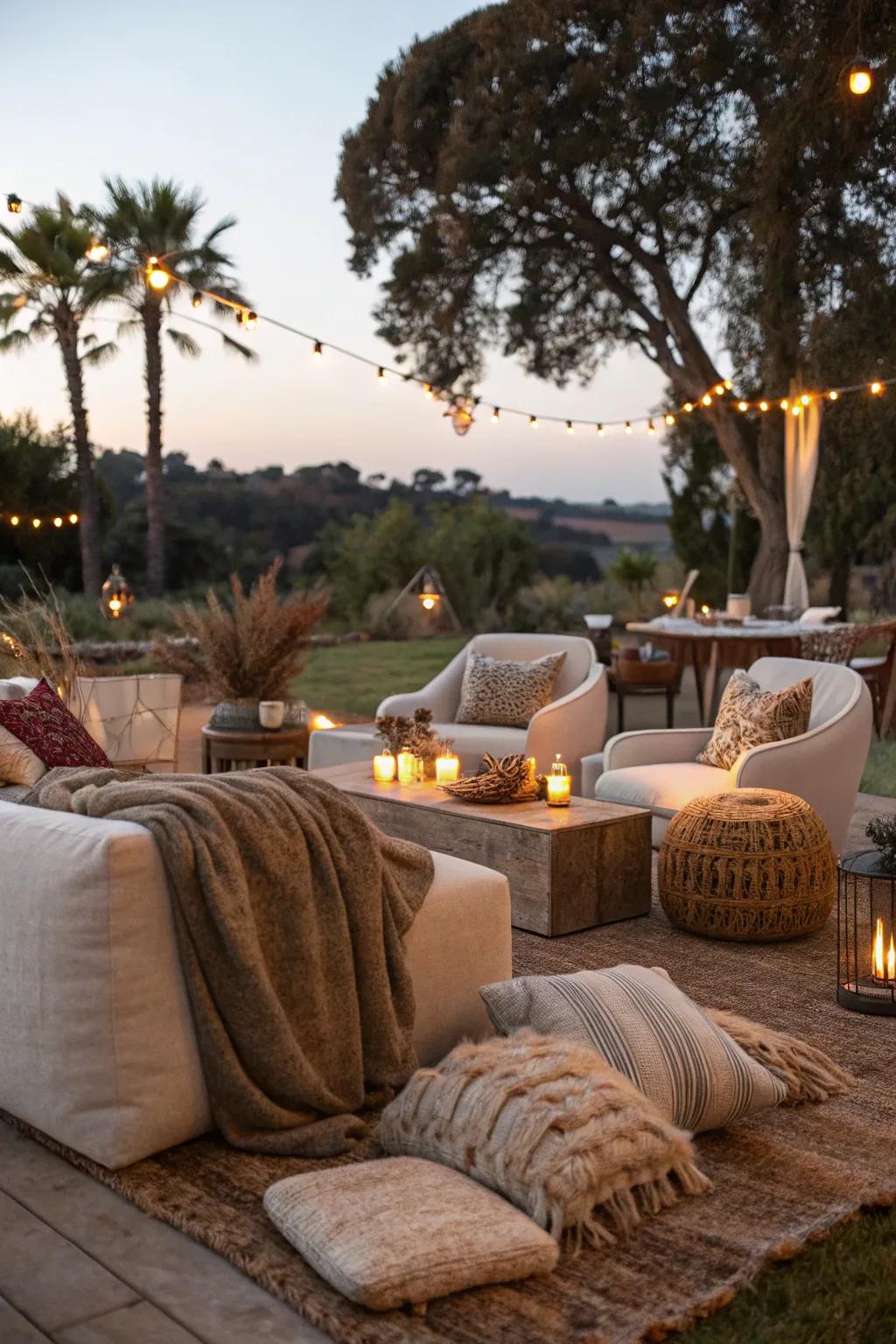 A stylish outdoor lounge providing comfort with luxurious seating and ambient lights.