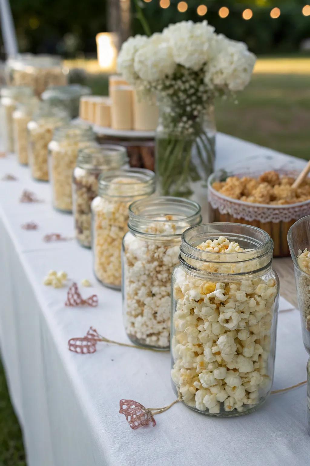 Popcorn showcased in an array of classic glass containers, lending charm to the wedding arrangement.
