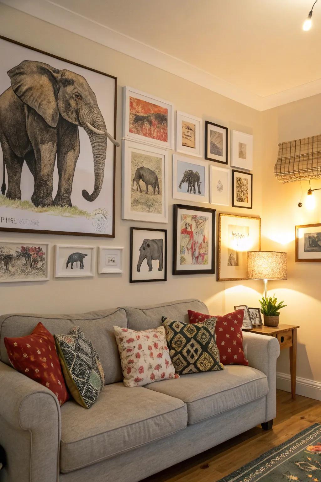 A showcase of pachyderm prints offers an individual and intimate accent to your decor.