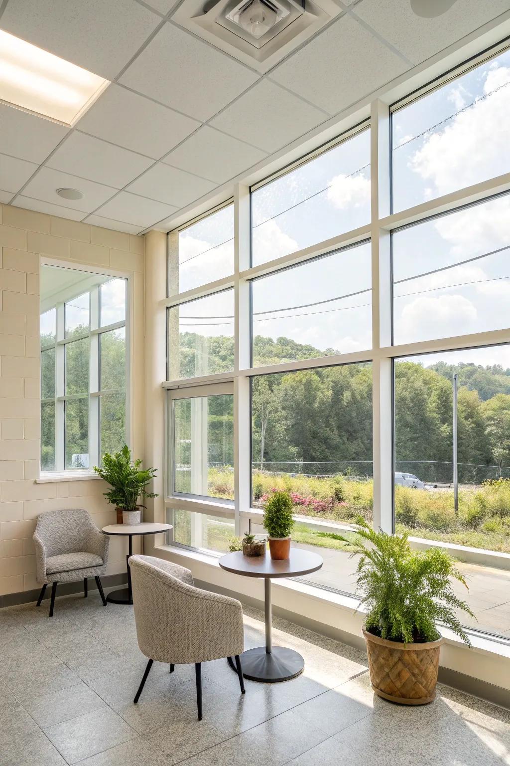 Sunlight bathes this breezy lounge, imparting warmth.