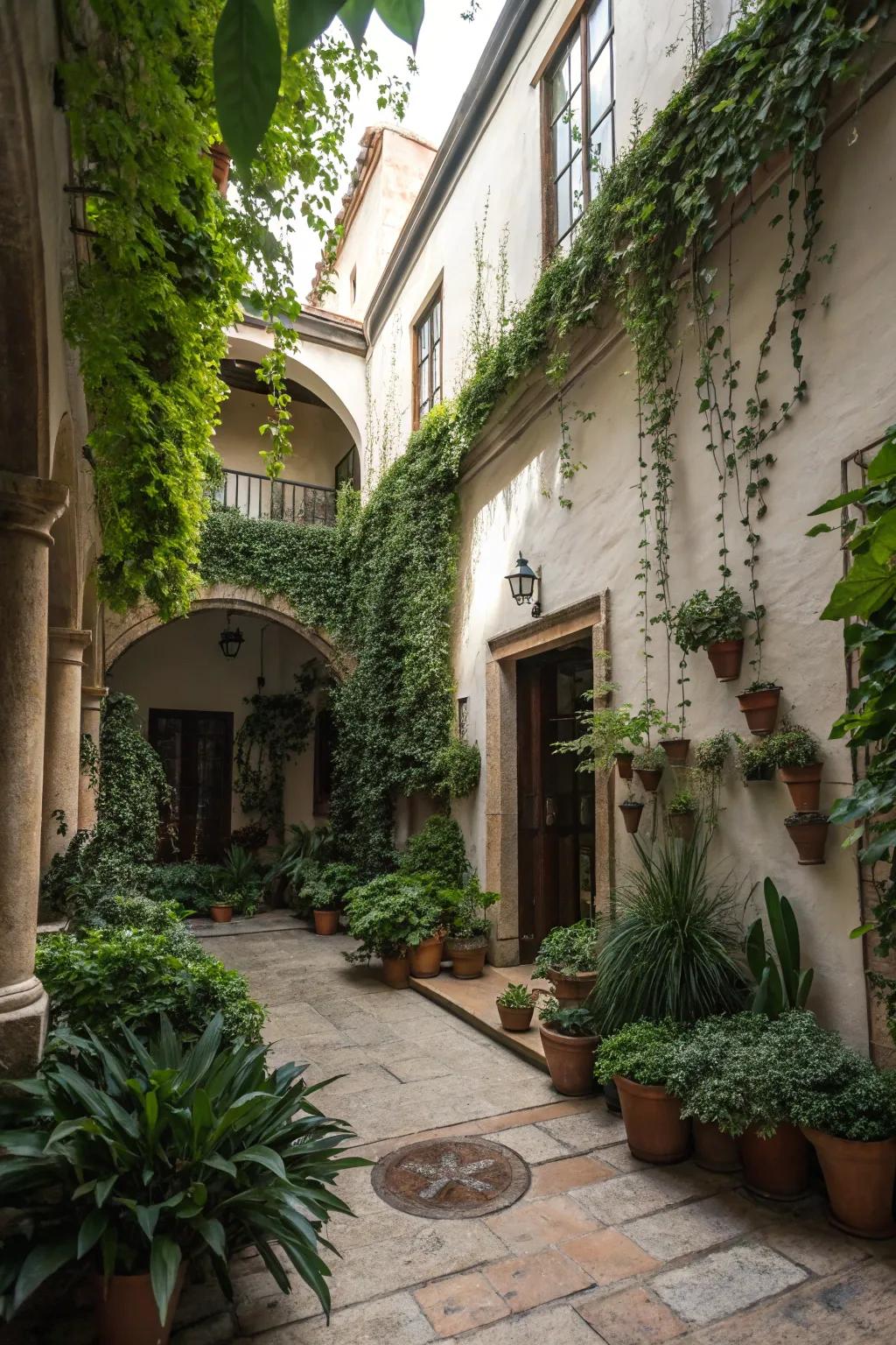 Bolster your courtyard's charm with lush foliage and climbing flora.