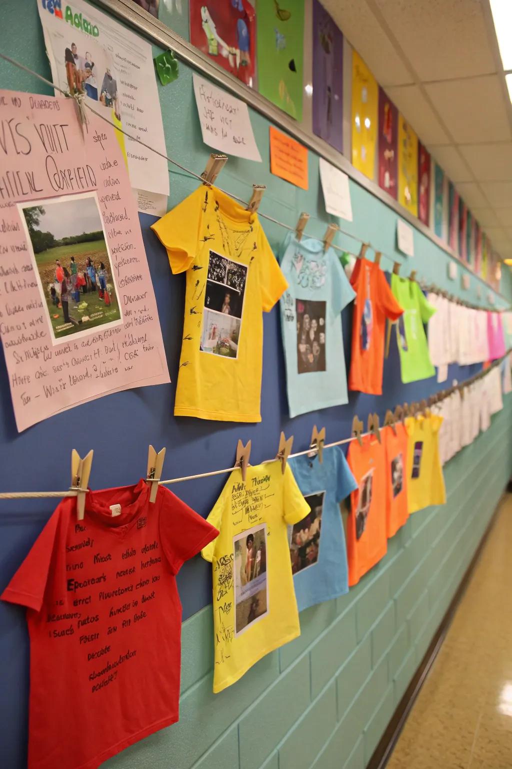 An endearing collection of student memories showcased on a clothesline.