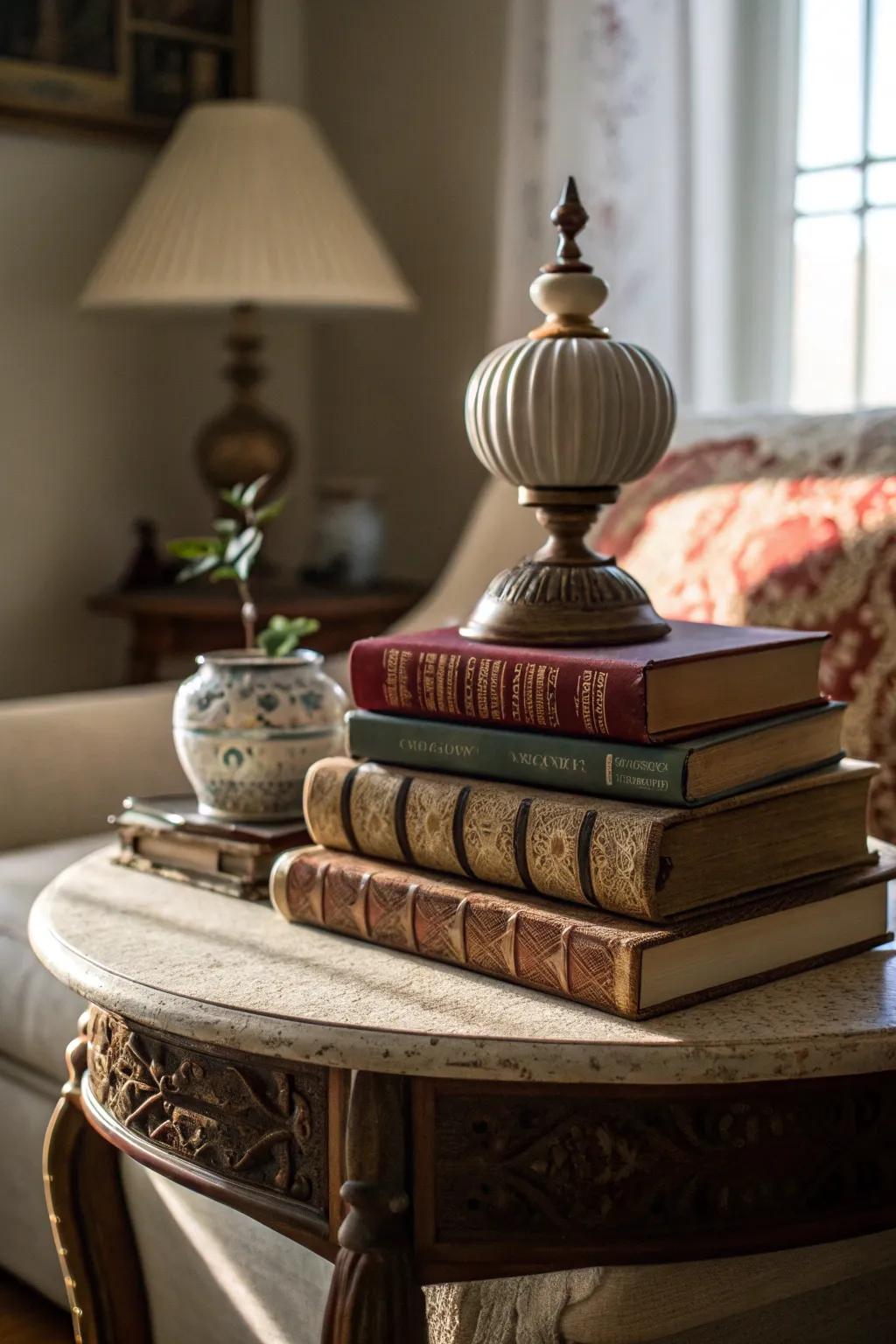 Vintage books lending charm to a side table.