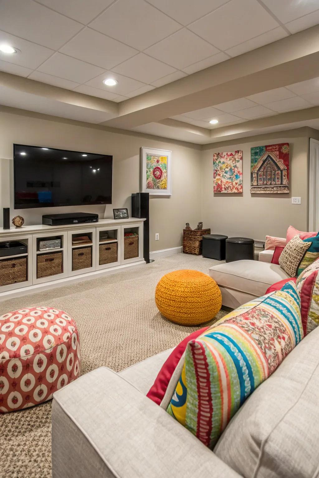 A unified mix of understated tones featuring lively highlights within an entertainment space.