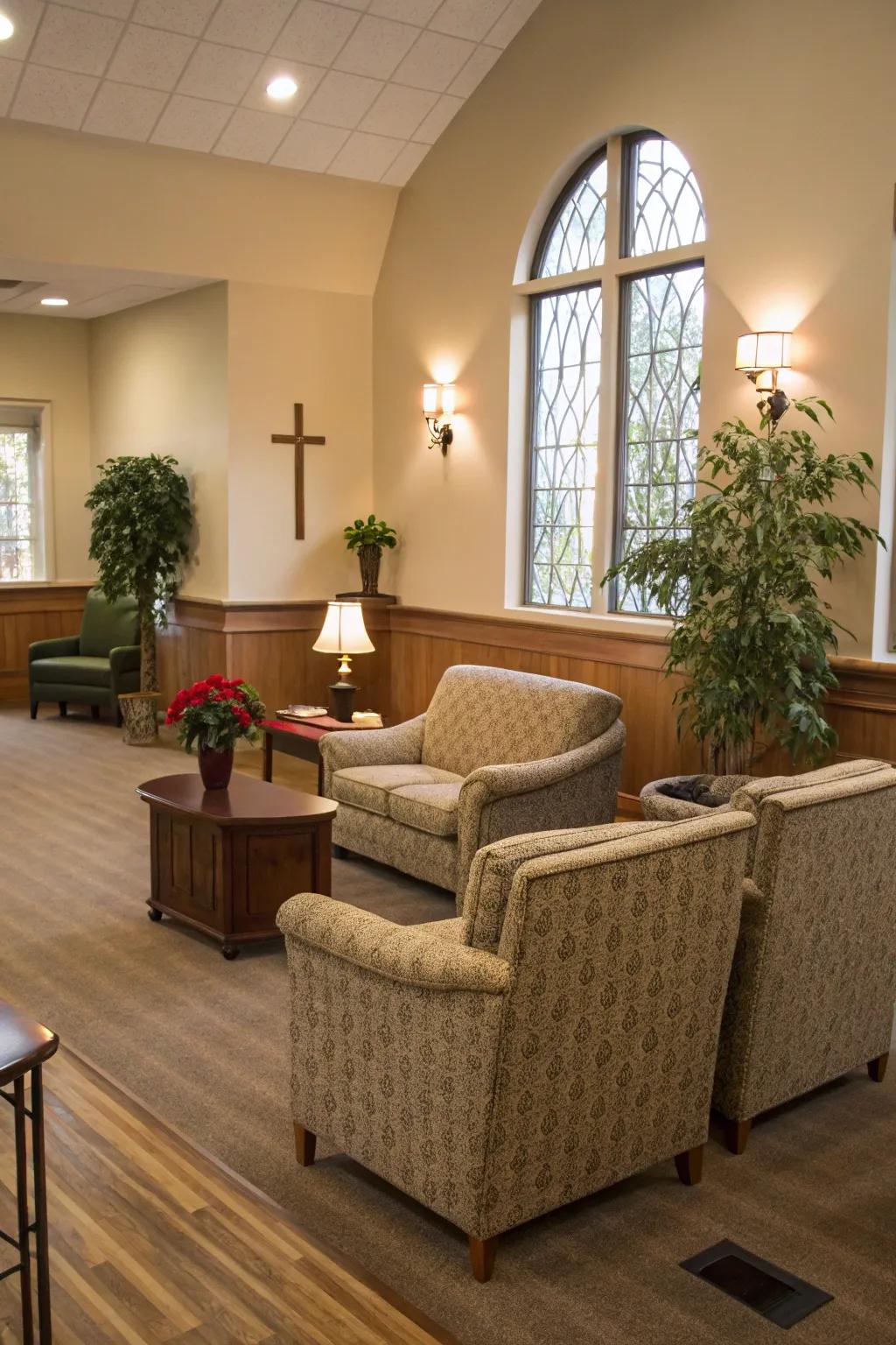 Comfortable seating options in a church entrance encourage discussion and leisure.