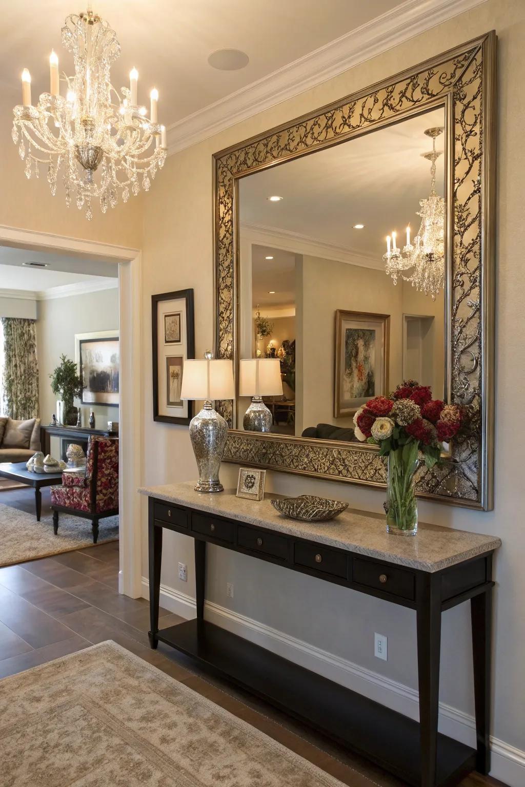 Mirrors amplify light and space, enhancing the entryway's vibe.