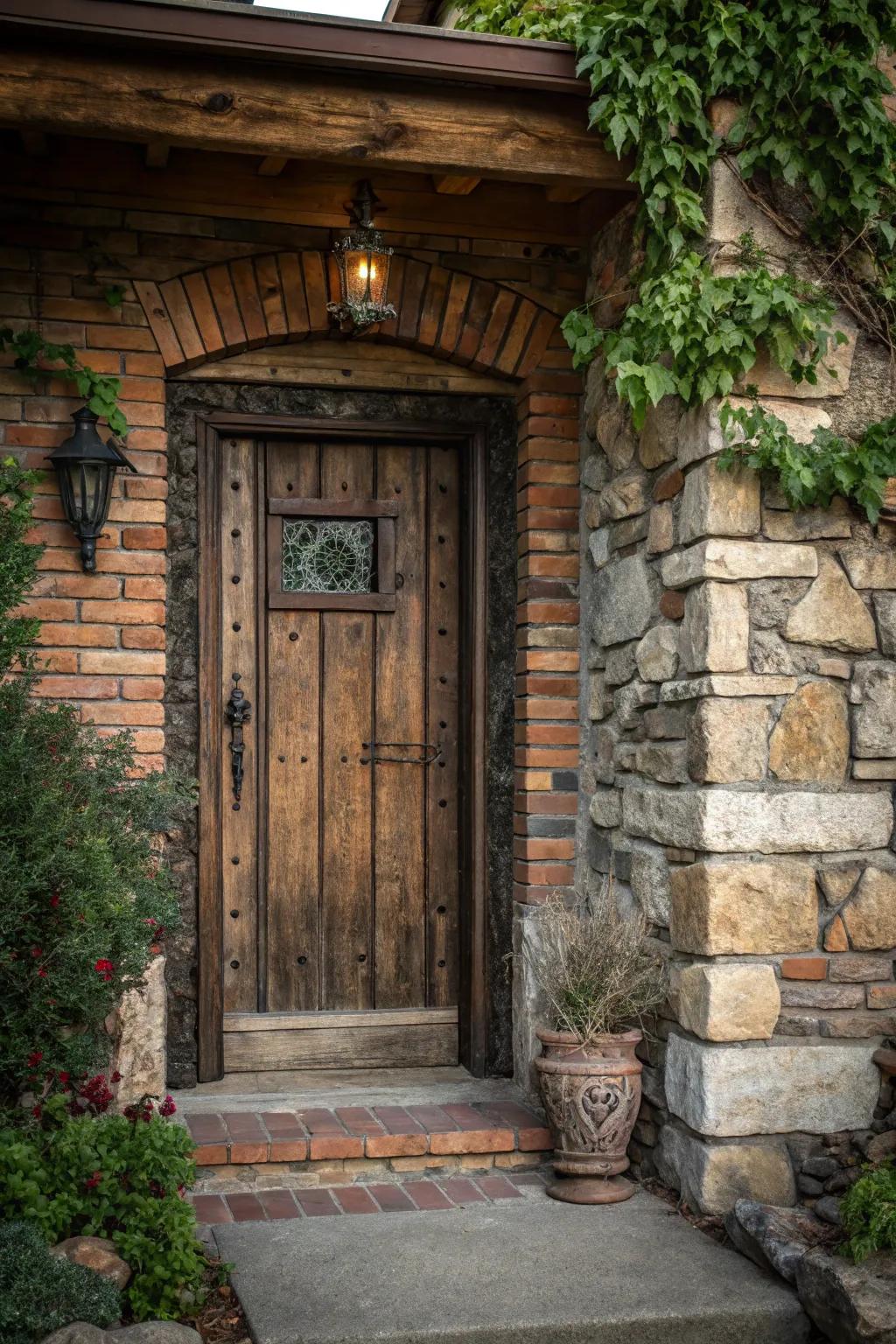 A country-style wooden door highlighted by stone features.