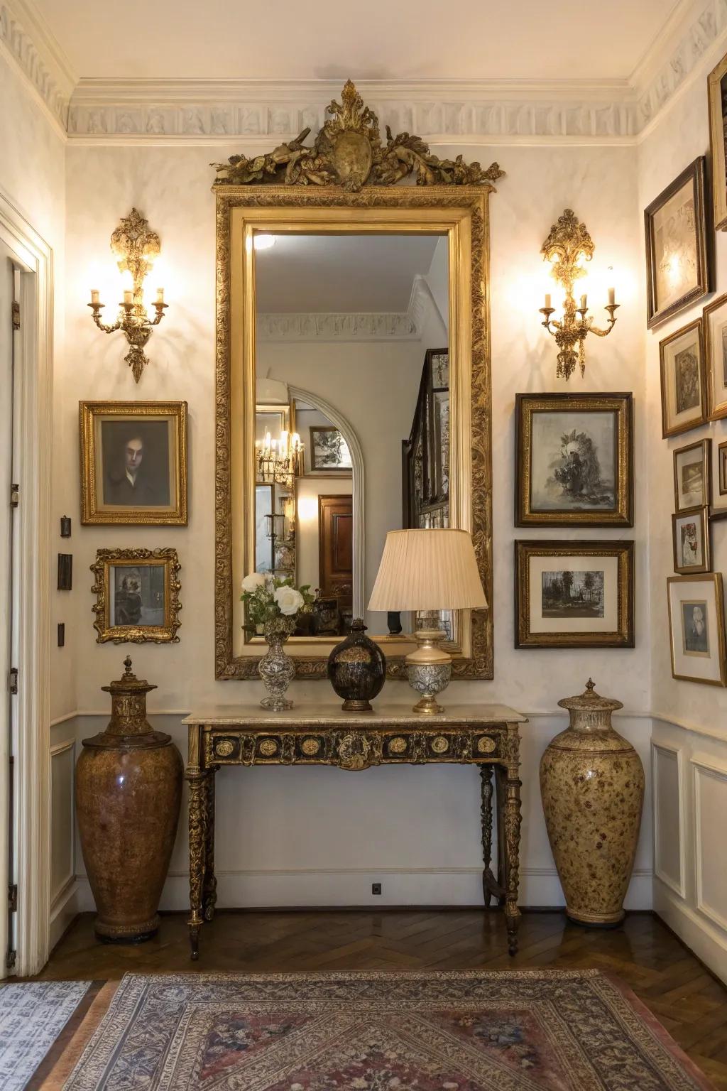 A vintage mirror brings a sense of charm and heritage to a contemporary entryway.