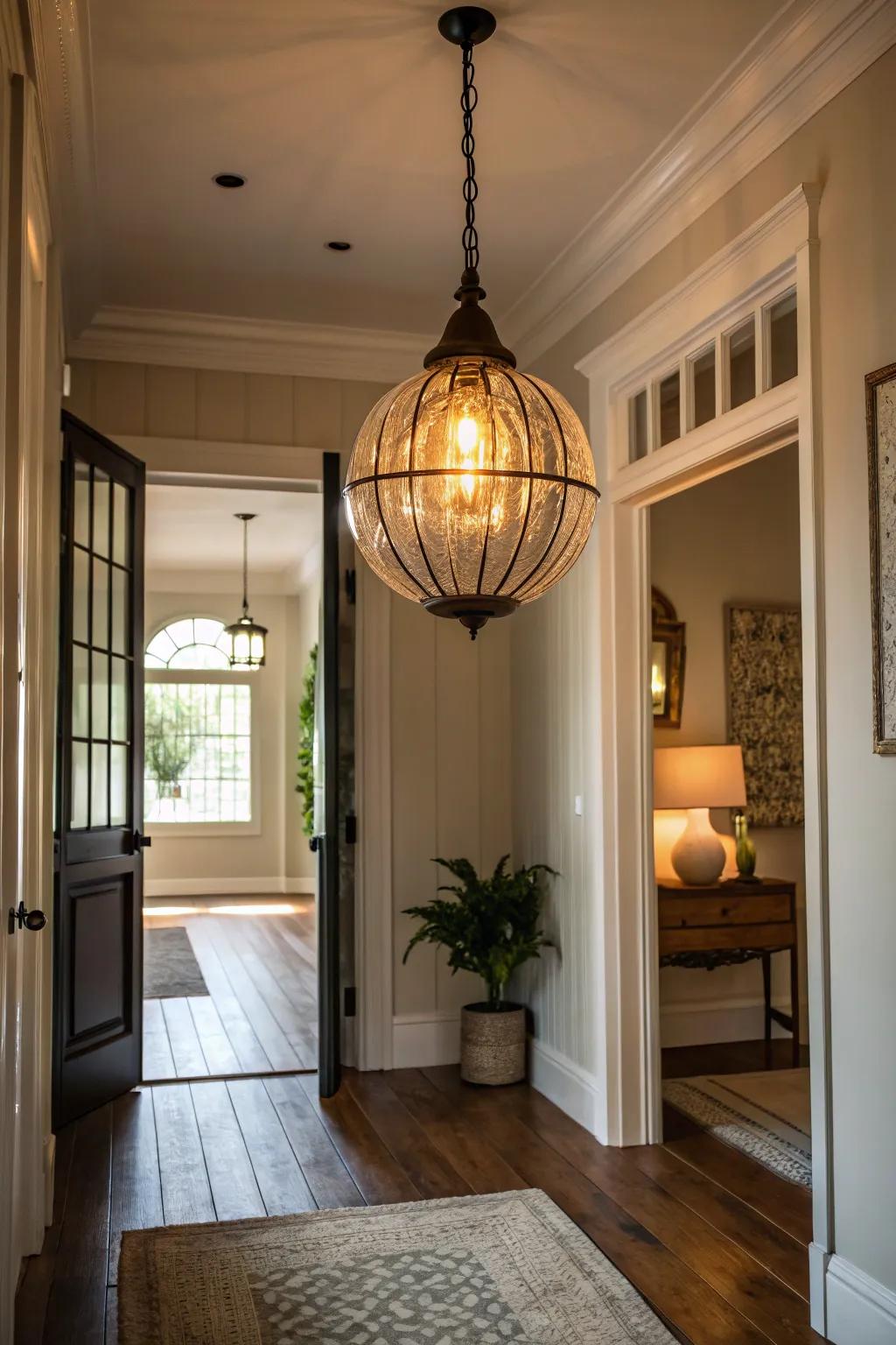An entryway spotlighting a pendant light, complete with an unusual bulb design that infuses a hint of playfulness.