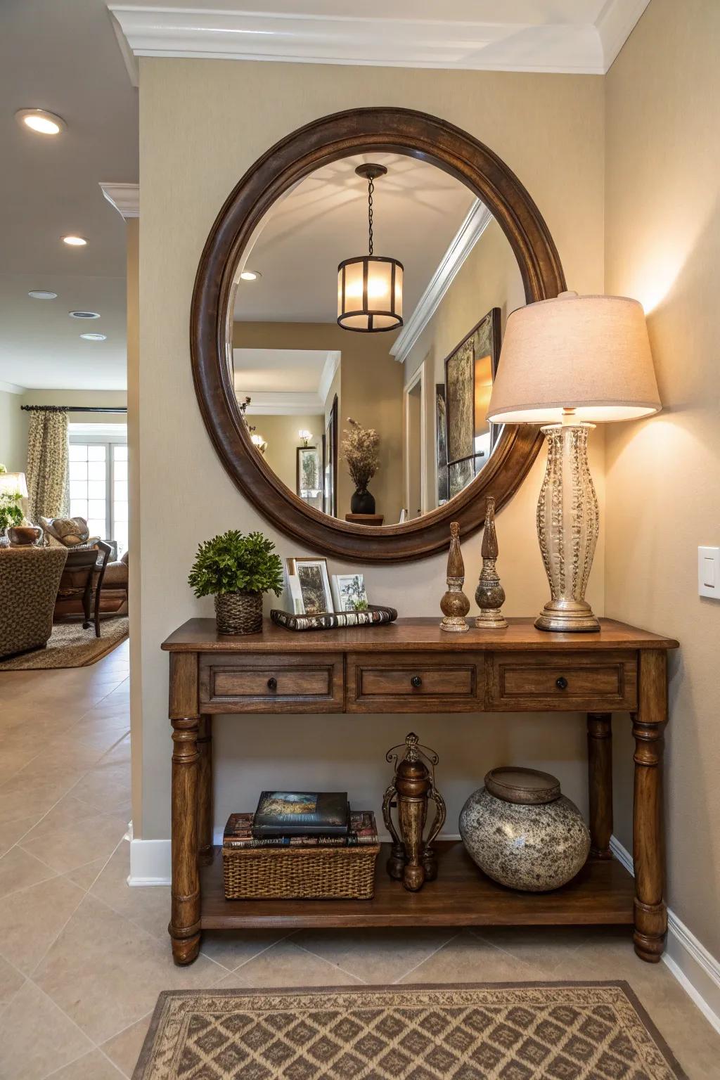 Mirrors boost light and space, crafting an inviting foyer.