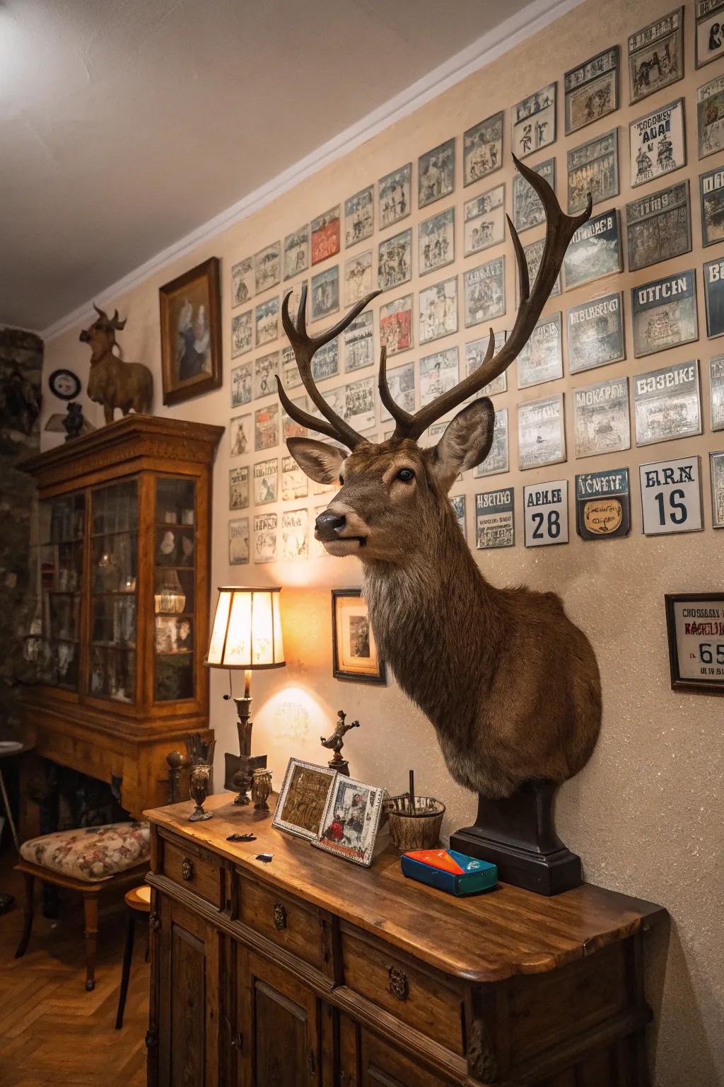 The blend of vintage tags and a skull mount provides a whimsical visual.
