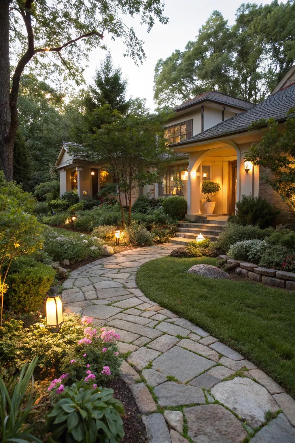 An inviting front yard featuring a stone path and gentle lighting.