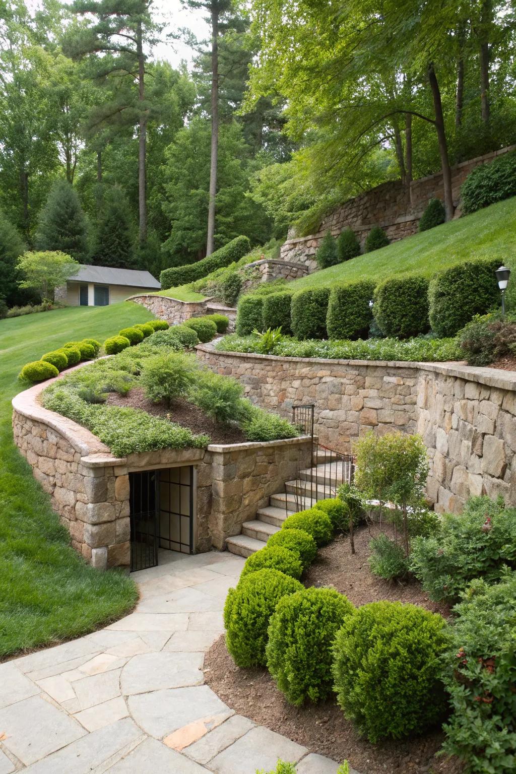 Stunning rock supporting structures combine with plentiful flora near a basement entryway.