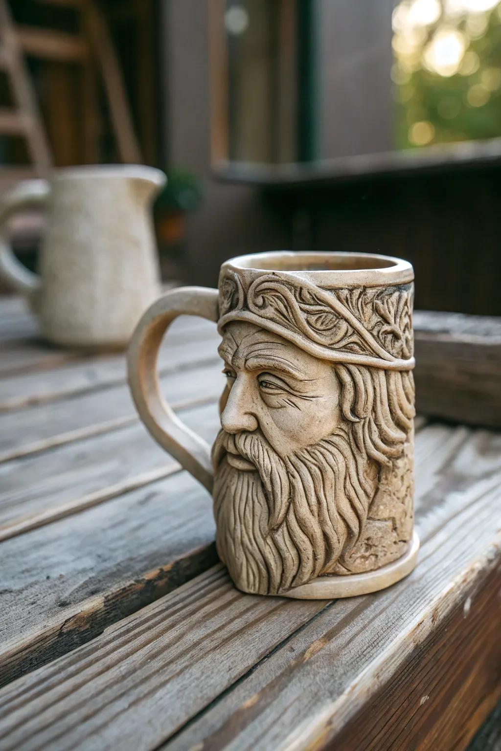 A carved facial mug featuring elaborate specifics, suitable for art admirers.