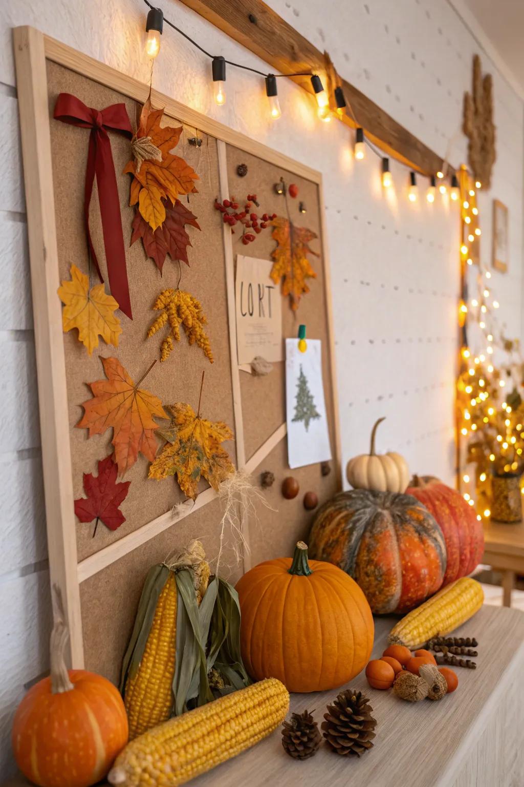 A celebration-themed display board showcasing gourds, maize, and nuts.
